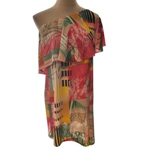 C Christian Los Angeles One Shoulder Multicolor Abstract Beach Ruffle Dress SZ S